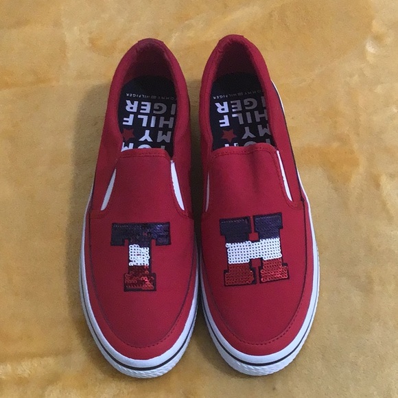 EUC. TOMMY HILFIGER Sequined Canvas Slip On Flat Sneaker Red - Picture 2 of 9